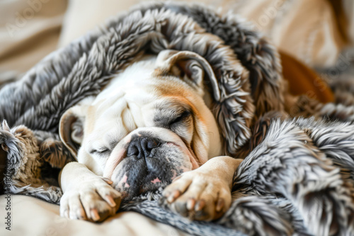 A bulldog resting under a cozy blanket photo