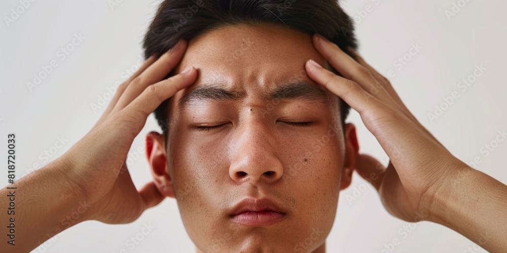 Man with stress, headache, anxiety, worry, or burnout at home with brain fog. Anxiety, face, and male with indoor temple massage for migraine, vertigo, or mental health. Man with stress, headache, anxiety, worry, or burnout at home with brain fog. Anxiety, face, and male with indoor temple massage for migraine, vertigo, or mental health.