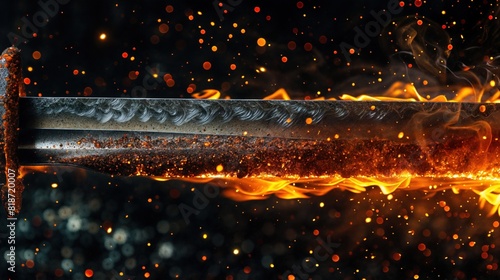 A sword being engulfed in flames, creating a fiery glow in a dark setting. The flames consume the blade, creating a menacing and powerful image © Artur48