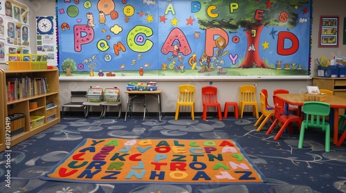 An alphabet chart displayed on a classroom wall, featuring vibrant colors and illustrations to engage young learners in letter recognition and phonics. photo