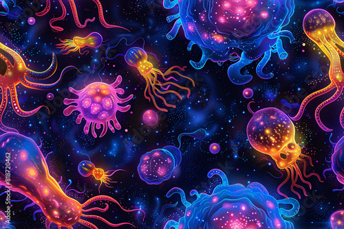 Close-up of bacteria and viruses under microscope, 3d illustration of science concept