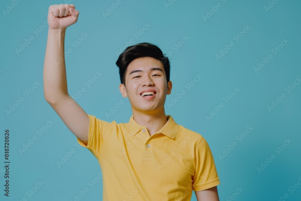 Fototapeta premium Indian man with fist in studio portrait for winning mindset, enjoyment, or achievement. Male student, young model, or celebration with pleased, excited face or achievement.