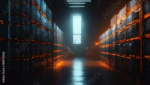 Take a bird's eye view of the expansive corridor within a megastore/warehouse, where shelves are laden with neatly stacked boxes, as depicted in this AI-generated video. photo