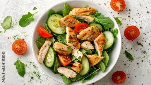 Chicken salad bowl from a top view, on a bright white background, completely isolated