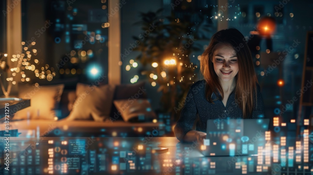 Laptop, hologram overlay, businesswoman in office with night dashboard or globe map. Technology-savvy, joyful female employee with computer, cyber statistics, graphs, data, and charts Laptop, hologram overlay, businesswoman in office with night dashboard or globe map. Technology-savvy, joyful female employee with computer, cyber statistics, graphs, data, and charts