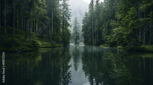 Tranquil forest lake surrounded by tall pine trees, with reflections of the forest in the still water.