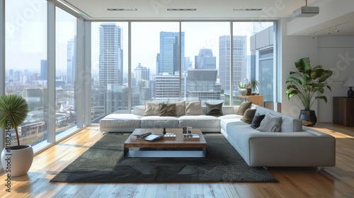 Modern downtown apartment with city views through large windows