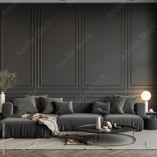 Living room in gray and black colors. blank empty dark room interior. Design in minimalist style. Graphite sofa and herringbone beige accent. 3d render
