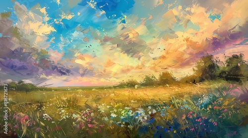 An impressionistic painting of a flower-filled meadow under a vibrant sky  capturing the essence of a sunny summer day.