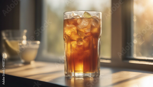 A frosted glass of iced tea on a sunlit windowsill 