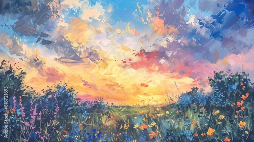 An impressionistic painting of a flower-filled meadow under a vibrant sky, capturing the essence of a sunny summer day.