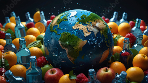 Spoiling Earth - Illustration of Earth Surrounded by Fresh Fruit and Bottles of Water. Theme - Love the Earth. photo