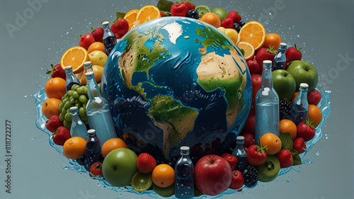 Spoiling Earth - Illustration of Earth Surrounded by Fresh Fruit and Bottles of Water. Theme - Love the Earth. photo