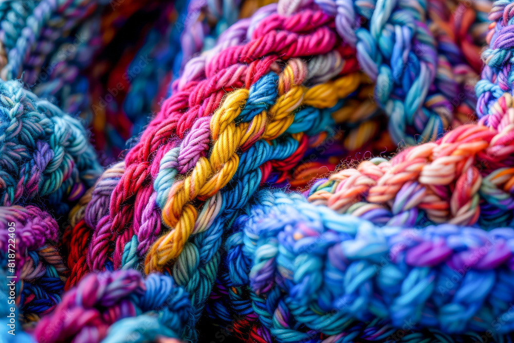 Close up of Colorful Knitted Yarn in Vibrant Patterns and Textures