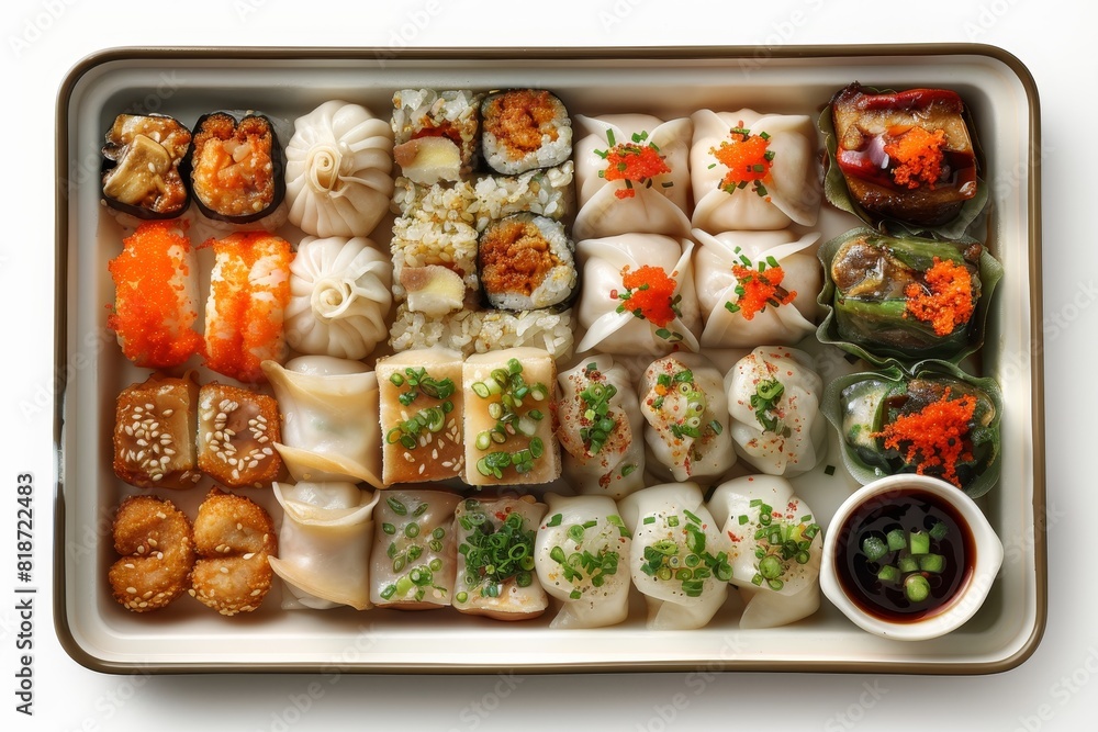 Top view of a tray of dim sum, assorted varieties, isolated on white Top view of a tray of dim sum, assorted varieties, isolated on white