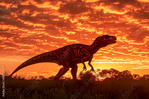Dinosaur Silhouette Against Vibrant Sunset Sky in Prehistoric Landscape