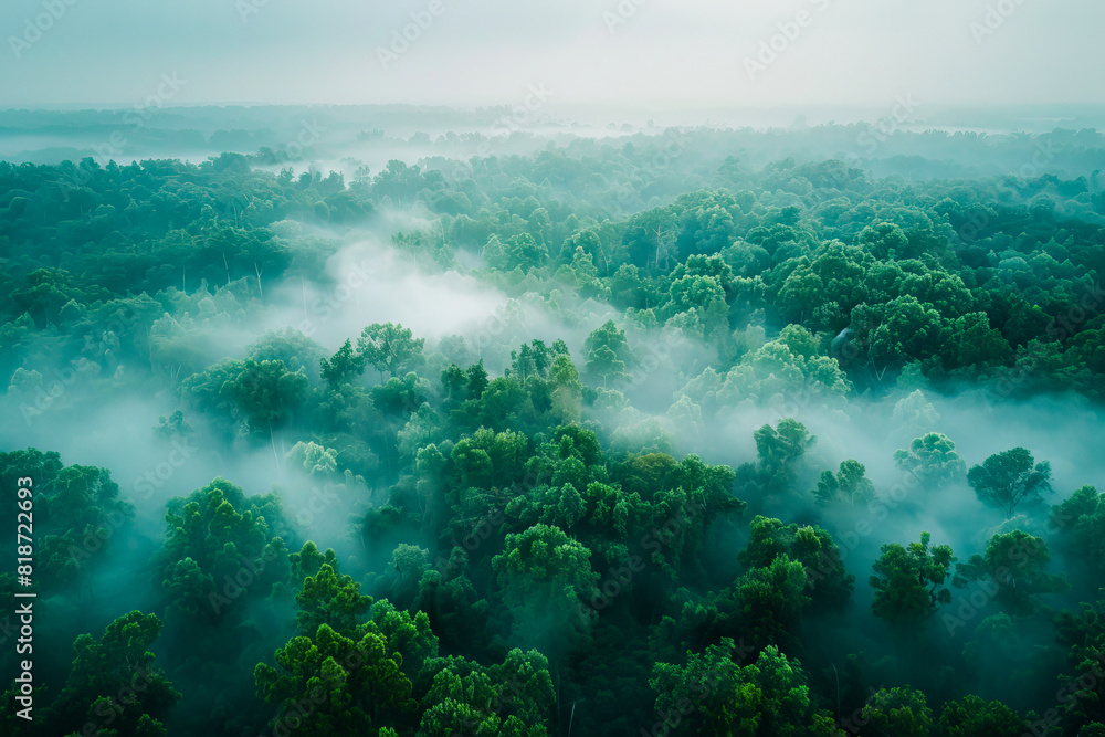 Aerial View of Misty Forest Canopy with Lush Green Foliage in Early Morning Light Aerial View of Misty Forest Canopy with Lush Green Foliage in Early Morning Light