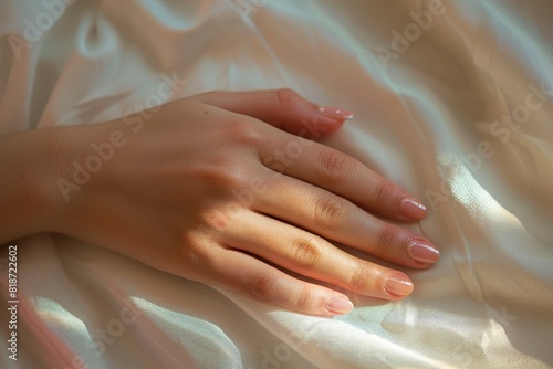 Close-up view of a woman s hand adorned with a pink manicure. Beautiful simple AI generated image in 4K  unique.