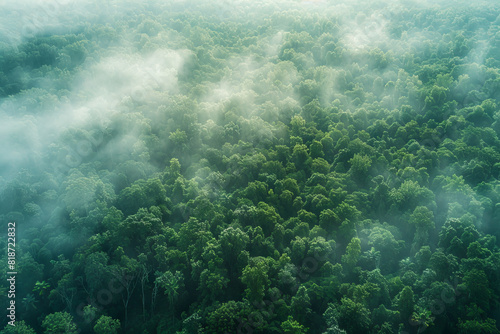 Aerial View of Lush Green Forest Covered in Mist © smth.design