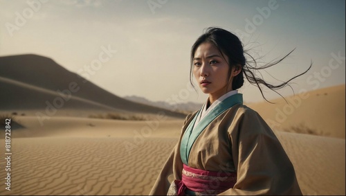 A Chinese woman in a traditional Chinese dress stands in a desert
