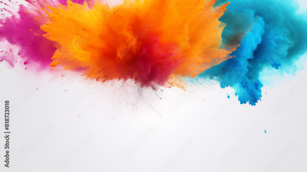 A colorful explosion of paint is splattered across a white background. The colors are vibrant and bold, creating a sense of energy and excitement. The image is a representation of the creative process