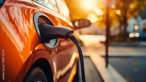 The image shows an orange electric car being charged at a charging station