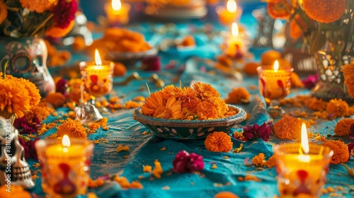 Dia de los Muertos celebration with candles  and vibrant flowers close up
