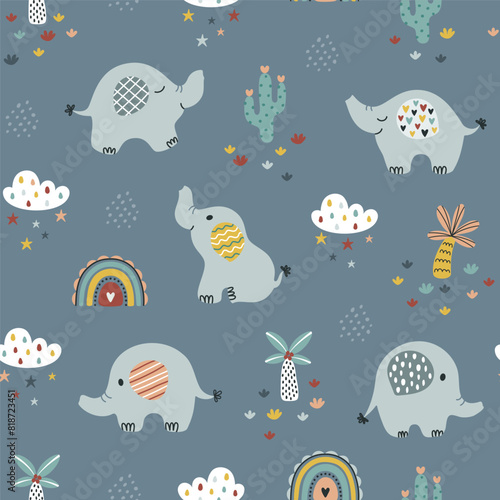 Cute seamless pattern with hand drawn elephants and tropical plants. Vector illustration.