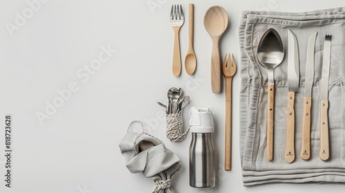 A flat lay of sustainable travel items including a metal water bottle, cloth napkins, and reusable cutlery, arranged on a white background with a large blank space on one side photo