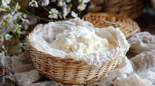 A fresh, soft ricotta cheese displayed in a small wicker basket lined with cheesecloth.