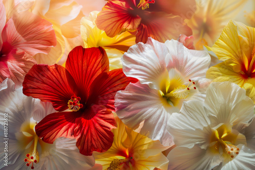 Vibrant Assortment of Colorful Hibiscus Flowers in Full Bloom Captured in Soft Sunlight