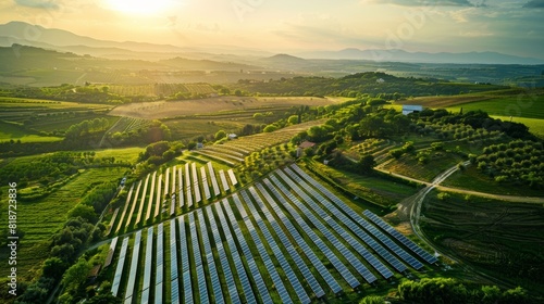 An aerial view of a sprawling rural landscape dotted with solar farms and eco-friendly residences, with open space available for text or graphics showcasing renewable energy initiatives