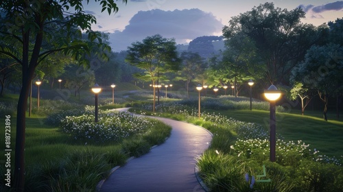 A serene countryside scene with solar-powered streetlights illuminating a winding pathway through the landscape, offering blank space for text or graphics focusing on the transition to