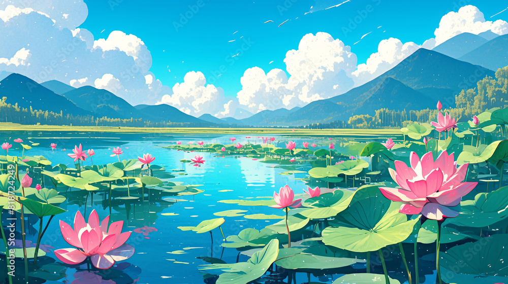 Fototapeta premium Illustrations of the twenty-four solar terms and the beginning of summer, national trend Chinese style lotus landscape background illustrations