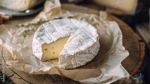 A gourmet cheese wheel partially wrapped in wax paper, set on a rustic wooden table.
