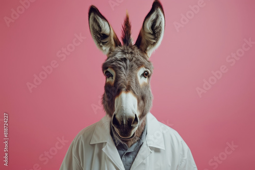 Donkey Wearing a White Lab Coat Against Pink Background photo