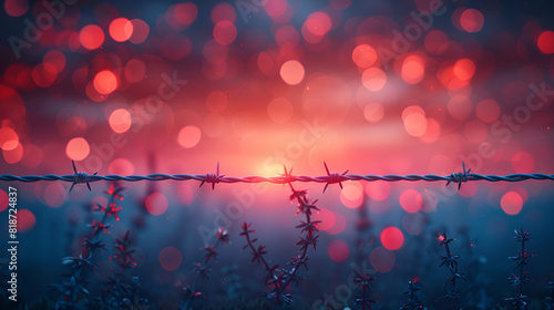 Barbed Wire on Blurred Background,
Forbidden Freedom Barbed wire swirls on fence depicting limitations and control
 photo