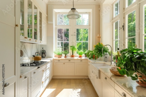 Modern white minimalistic kitchen interior details. Stylish white sink near mandarins High-resolution. Beautiful simple AI generated image in 4K  unique.