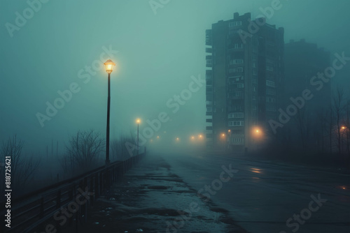 City street at night with a foggy atmosphere. photo