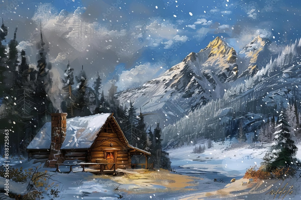 cabin rustic retreat getaway snow winter forest trees mountains cozy relaxing fireplace isolated escape digital painting landscape 