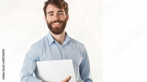 Smiling Man Holding Laptop photo