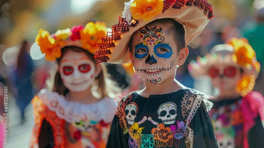 Group of children dressed for Dia de los Muertos carnival in vibrant traditional costumes Group of children dressed for Dia de los Muertos carnival in vibrant traditional costumes