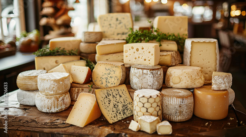A rustic cheese shop display with various cheese wheels and wedges artfully arranged.