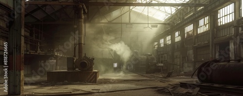 Abandoned warehouse interior Dim lighting with floating dust particles, eerie shadows casting over old, rusted machinery