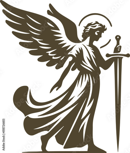 Angel with a sword in simple vector stencil format