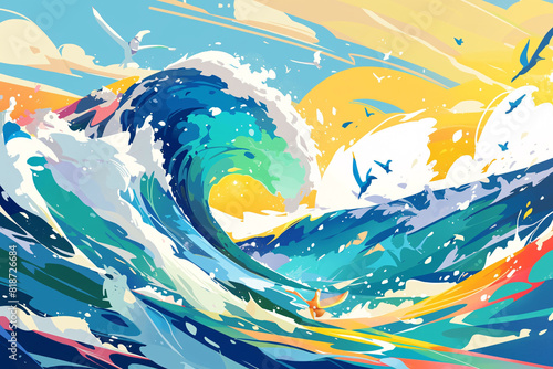 Illustrations of the national tide and waves during the Beginning of Summer solar term, illustrations of summer seaside surfing scenes
