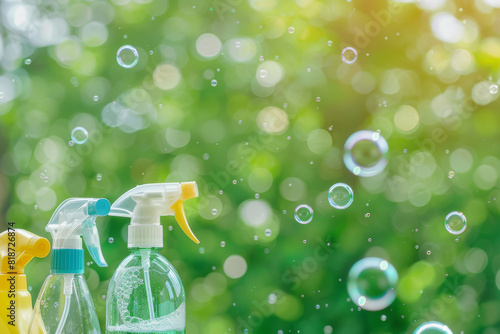 A few cleaning supplies are displayed on a green background. The cleaning supplies include a spray bottle, a bottle of Windex, and a bottle of Lysol. The background is filled with bubbles photo