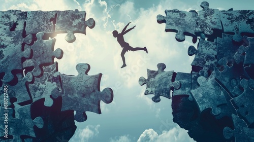 A silhouette of a person jumping between two cliffs, with the gap filled by puzzle pieces, symbolizing bridging gaps through problemsolving photo