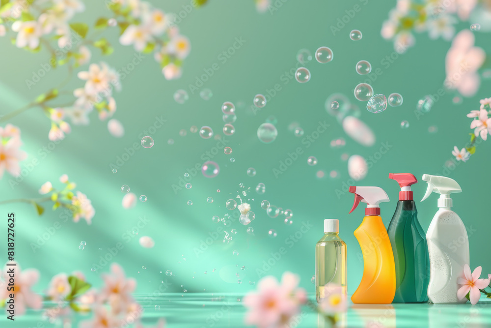 A green background with pink flowers and a spray bottle of cleaner A green background with pink flowers and a spray bottle of cleaner