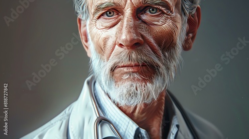 A close-up portrait of an elderly male doctor with a white beard and wearing a white lab coat and stethoscope around his neck. photo